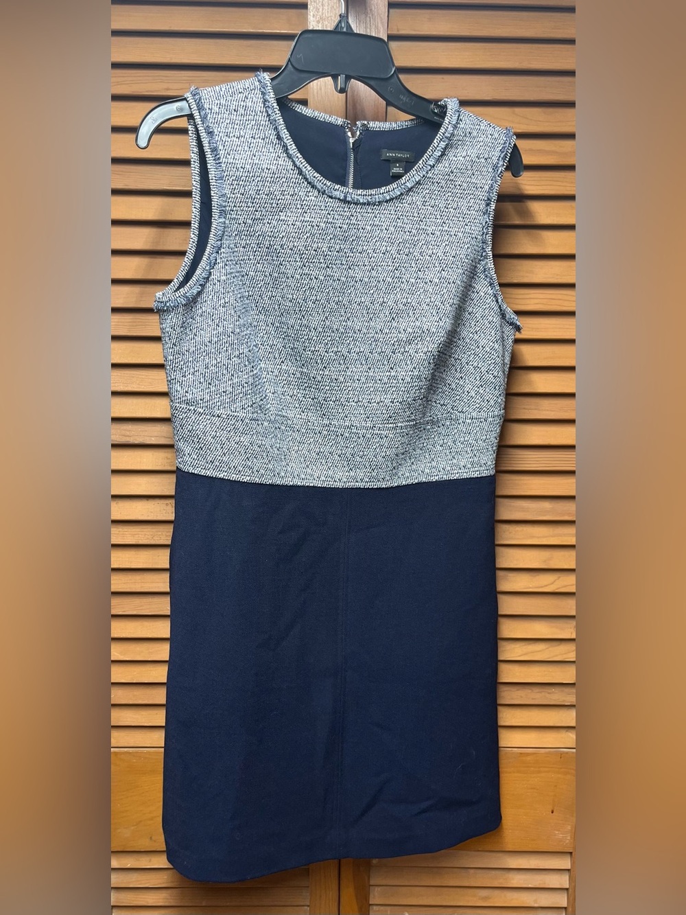 Ann Taylor Navy Blue Tweed Colorblock Sleeveless Fringe Sheath Dress
